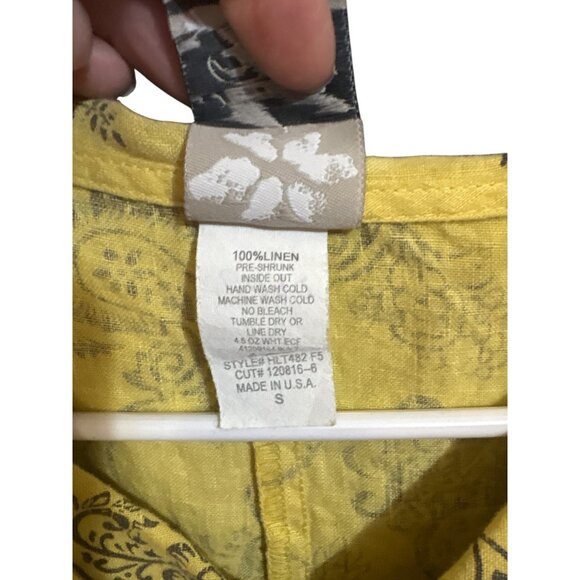 Match Point Yellow Linen Tunic Top S Floral Paisley Print 3/4 Sleeve Cowl Neck - Picture 4 of 6